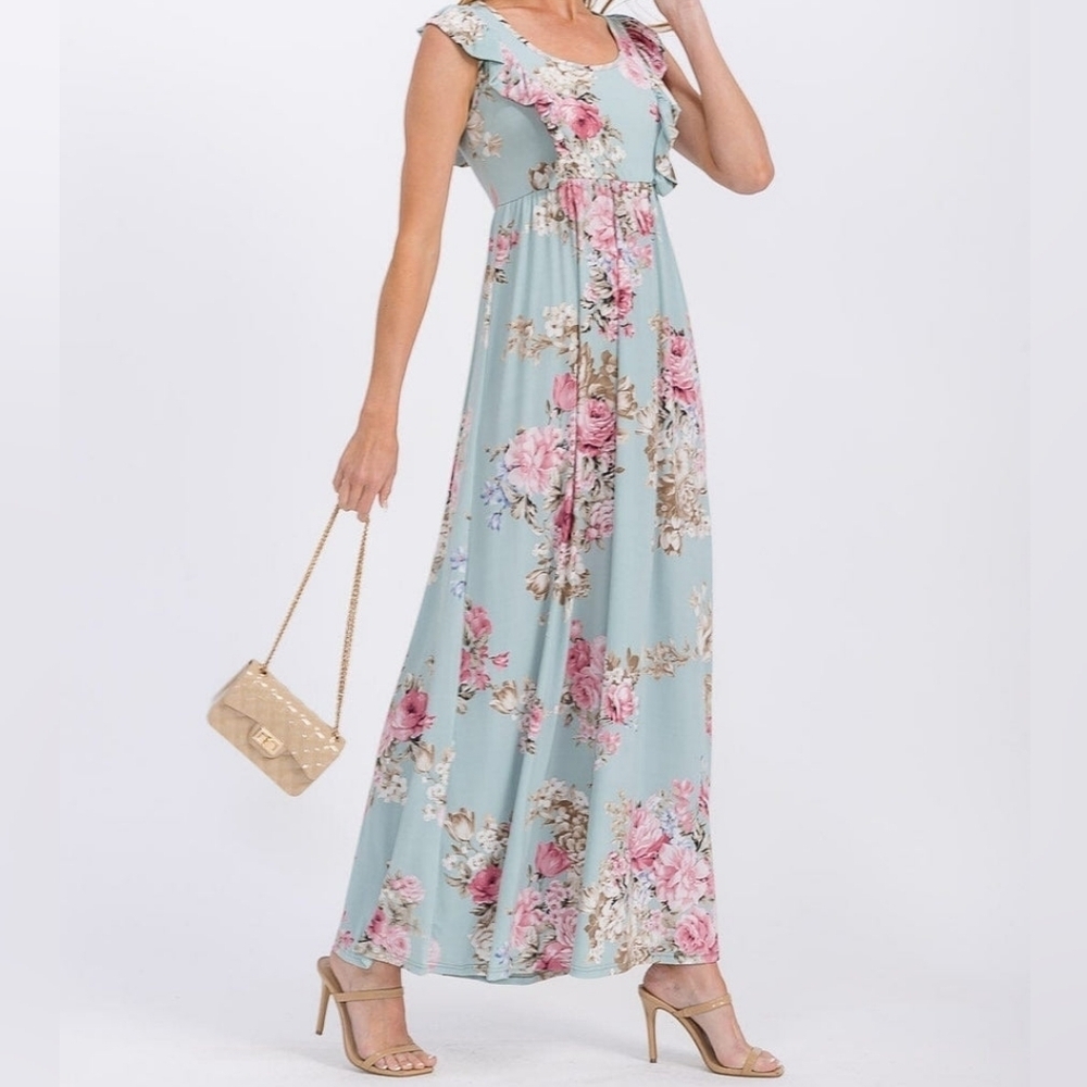 Beeson River Blue Floral Scoop Neck Maxi Dress Empire Waist Ruffle Detail
